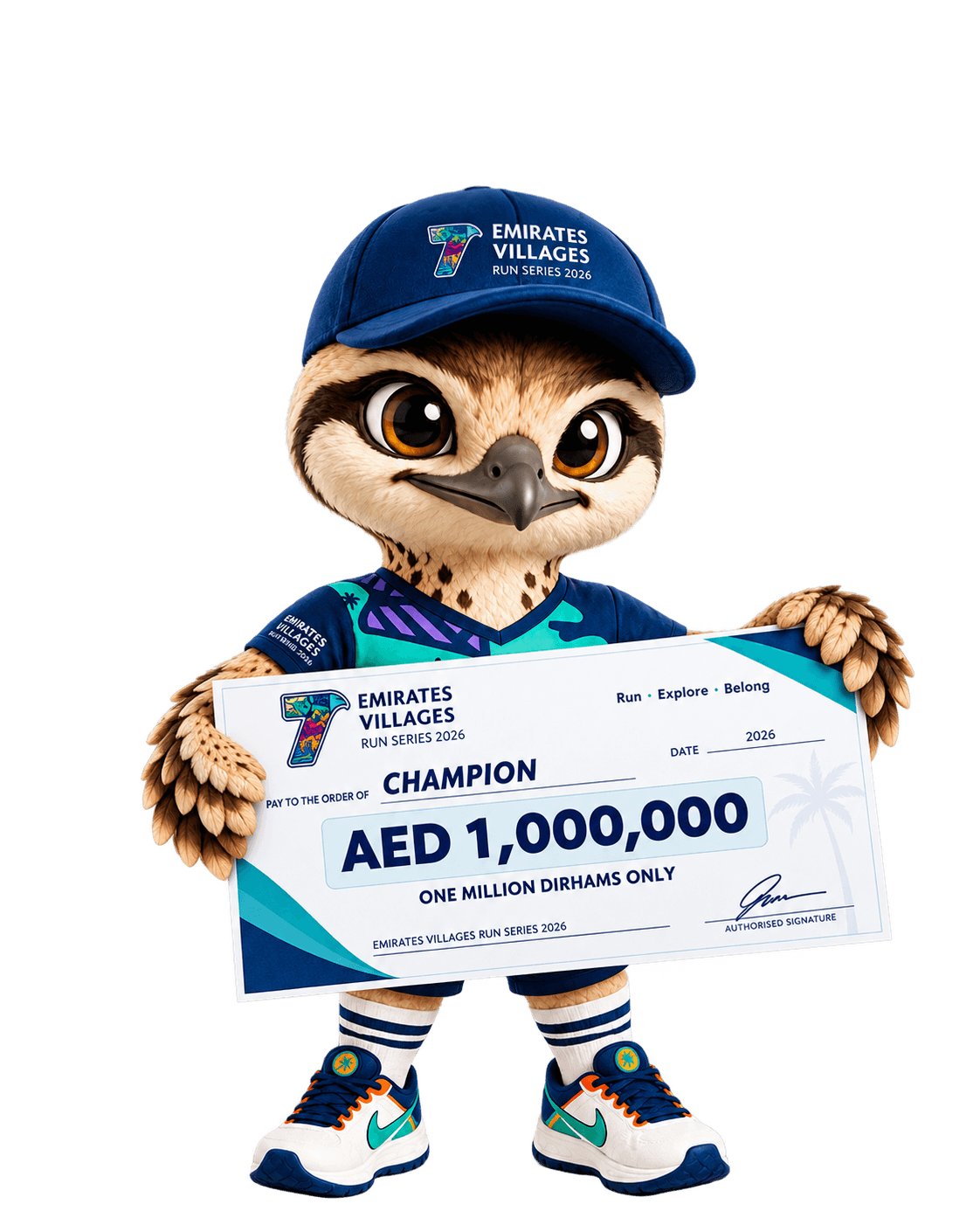 Rahhal holding the Emirates Villages Run Series prize cheque