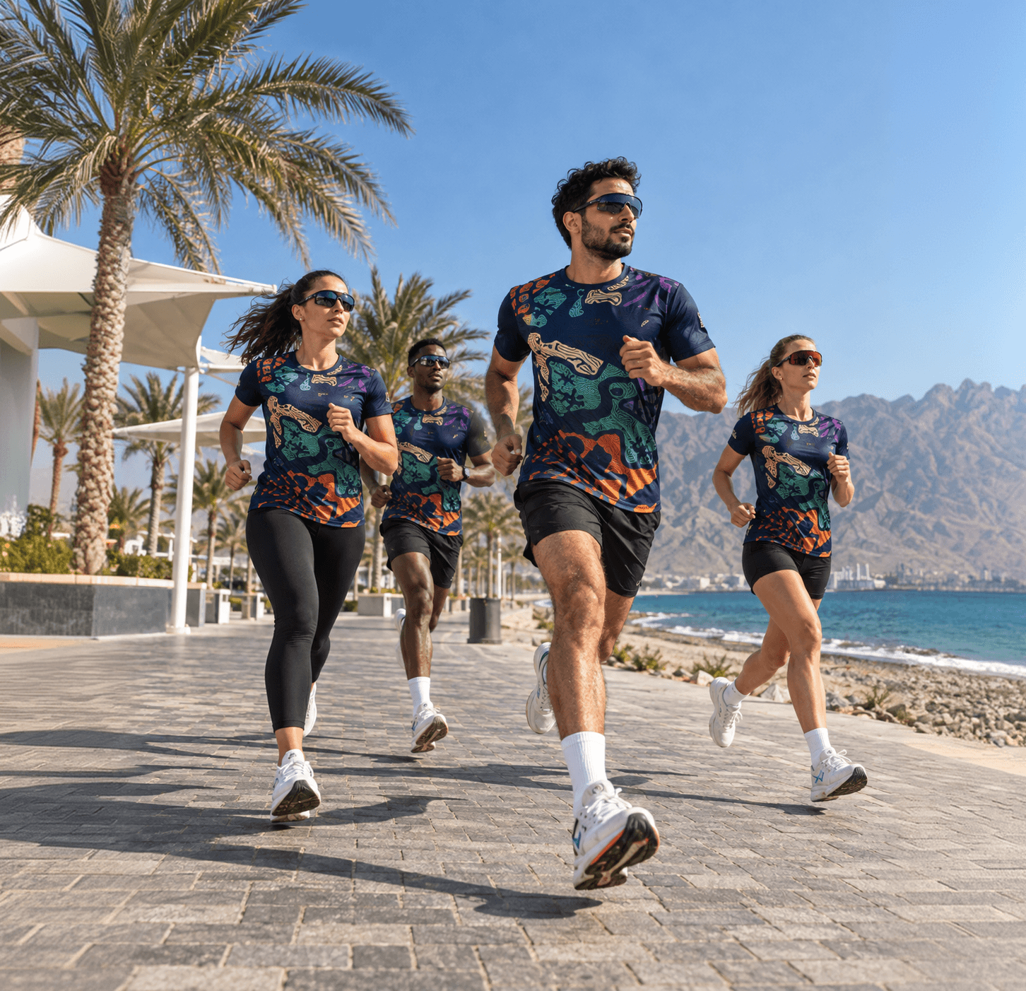 Runners enjoying a coastal route lined with palm trees