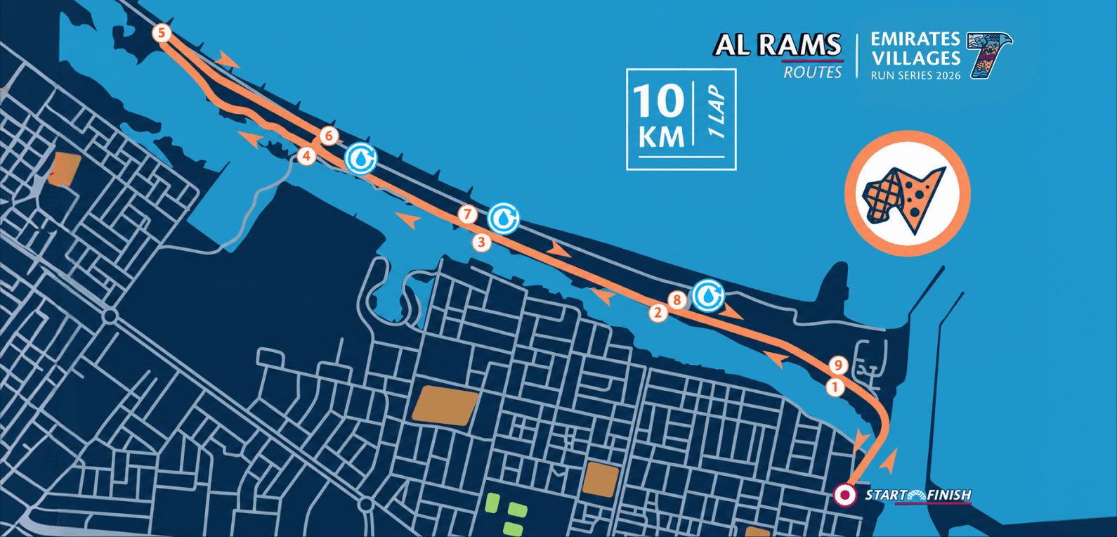 10KM Competitive Run route in Al Rams, showing the start, finish and course markers
