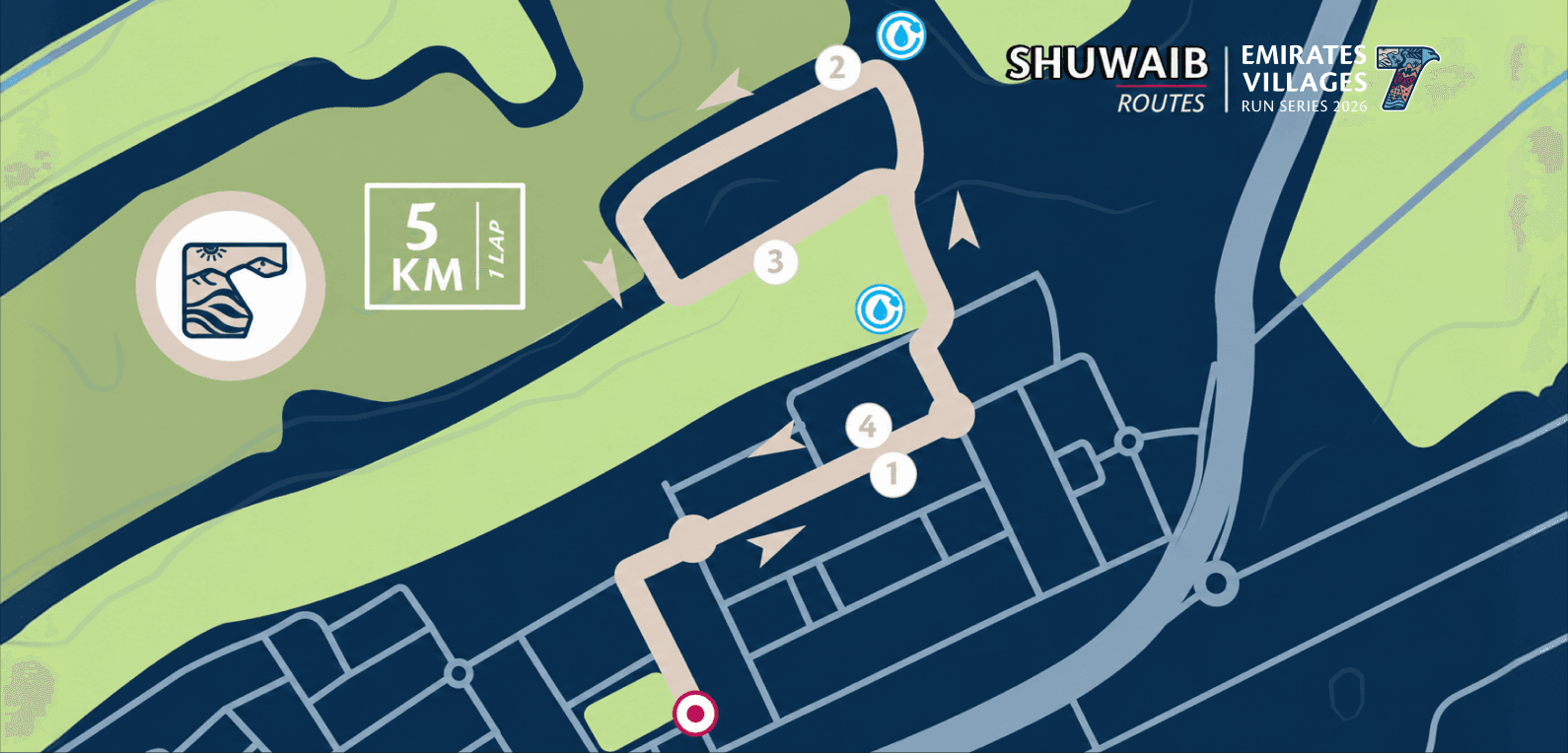5KM Community Run route in Al Shuwaib, showing the start, finish and course markers