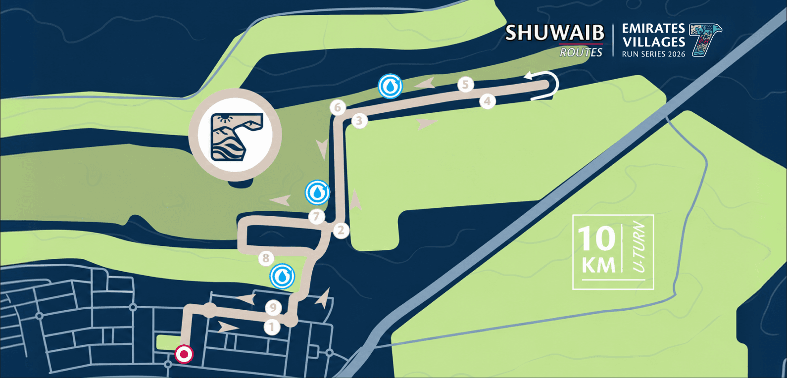 10KM Competitive Run route in Al Shuwaib, showing the start, finish and course markers