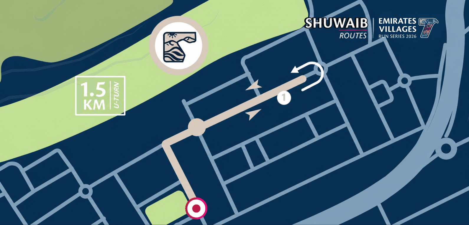 1.5KM Family Run route in Al Shuwaib, showing the start, finish and course markers