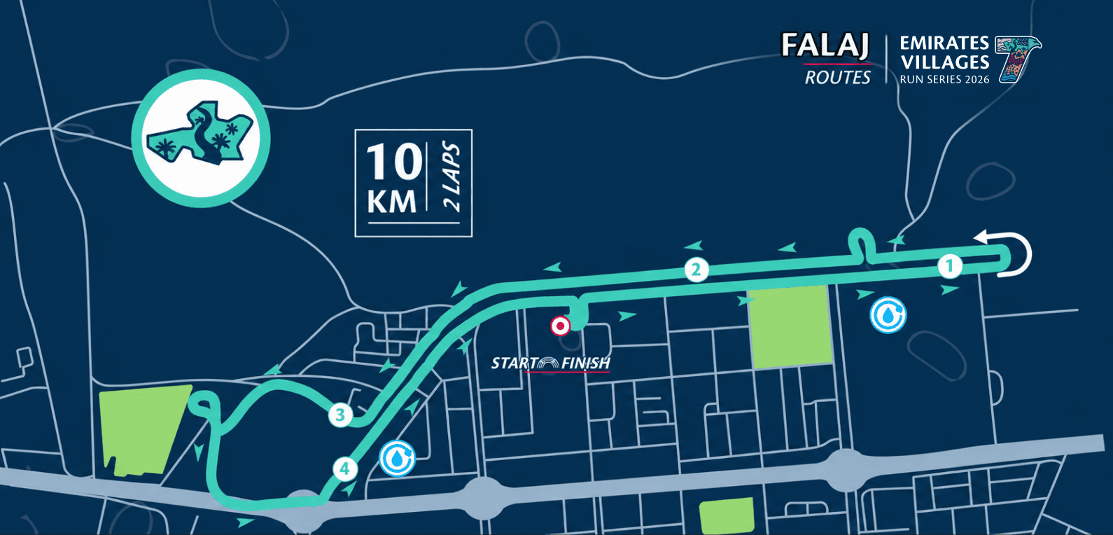 10KM Competitive Run route in Falaj Al Mualla, showing the start, finish and course markers