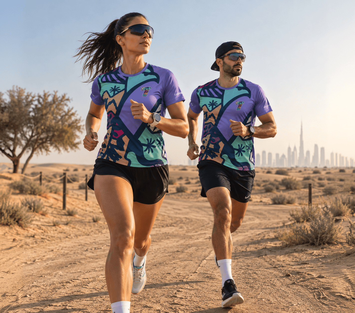 Two runners on a village trail in Lahbab, Dubai