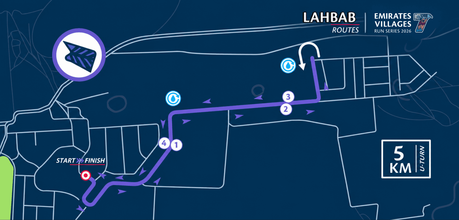5KM Community Run route in Lahbab, showing the start, finish and course markers