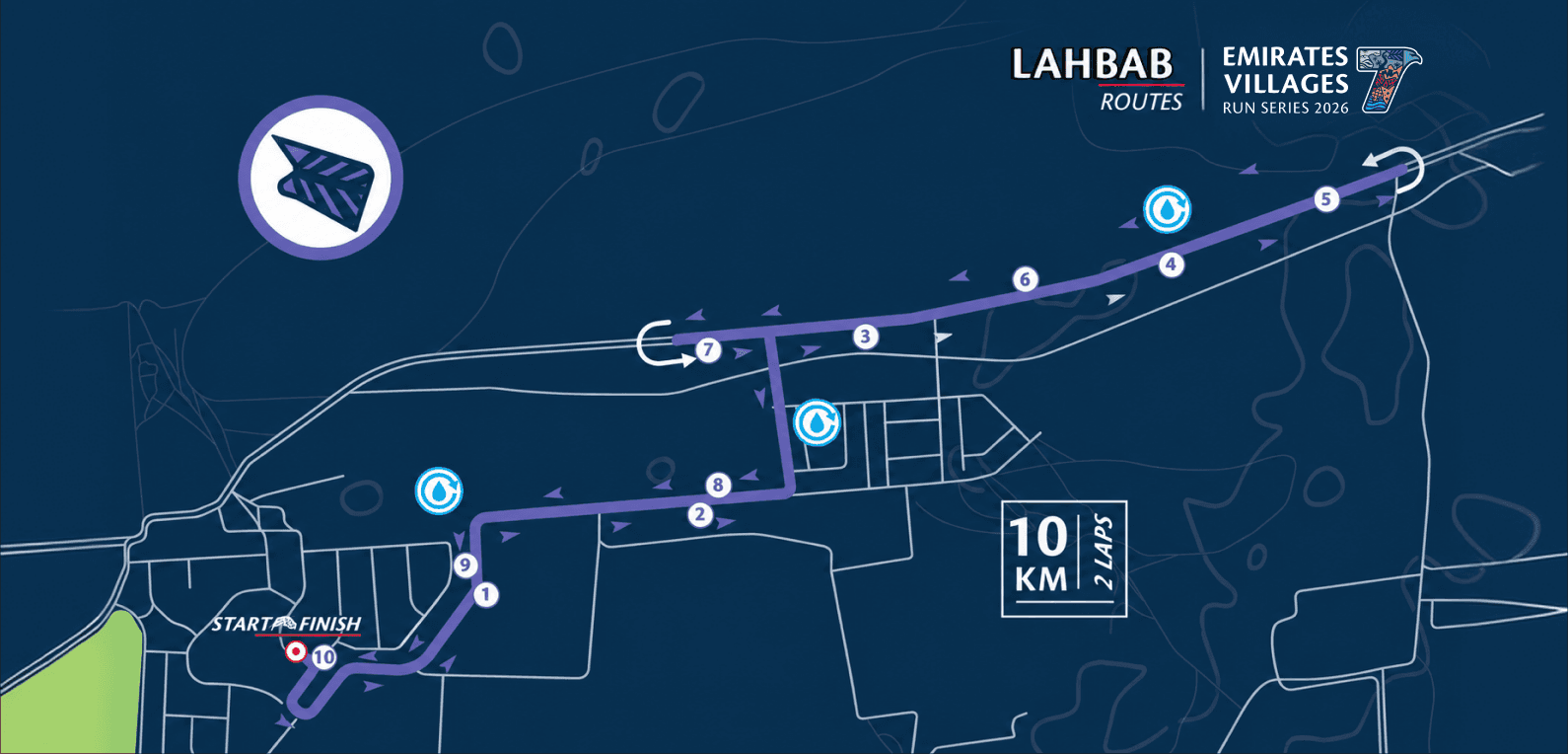 10KM Competitive Run route in Lahbab, showing the start, finish and course markers