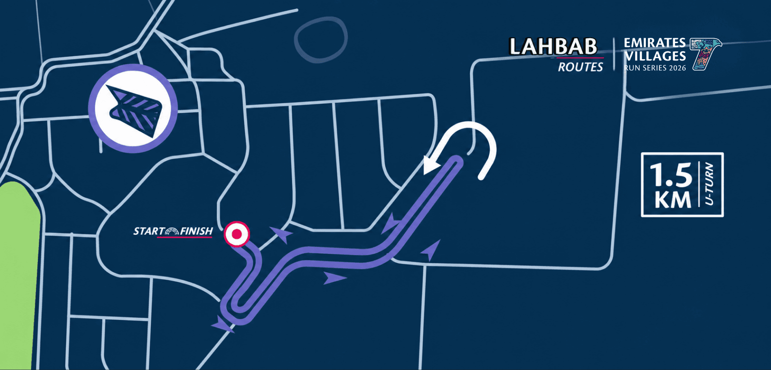 1.5KM Family Run route in Lahbab, showing the start, finish and course markers