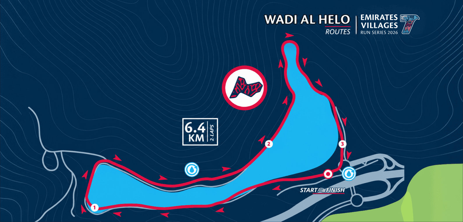 6.4KM Community Run route in Wadi Al Helo, showing the start, finish and course markers