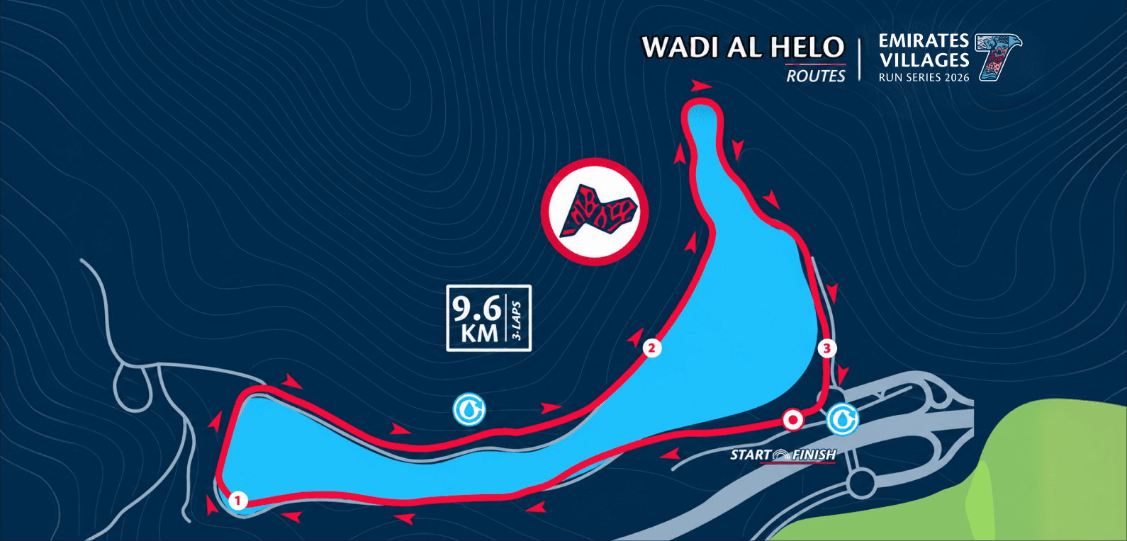 9.6KM Competitive Run route in Wadi Al Helo, showing the start, finish and course markers