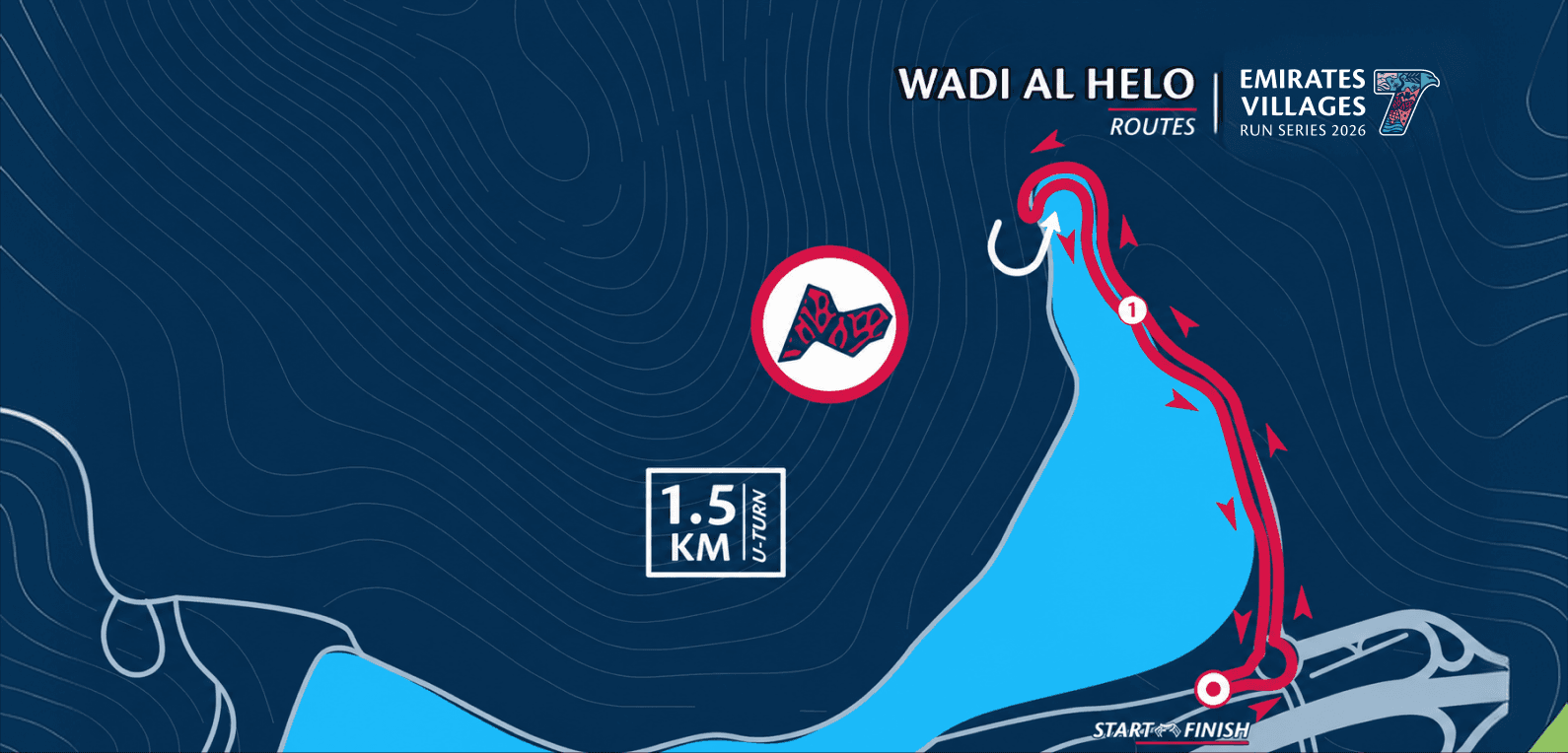 1.5KM Family Run route in Wadi Al Helo, showing the start, finish and course markers