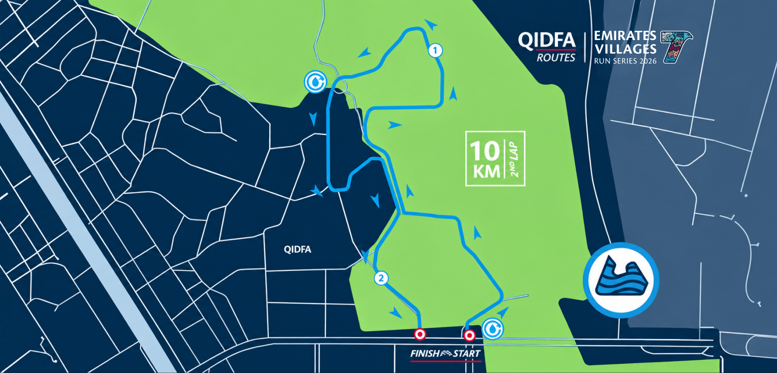 10KM Competitive Run route 2 in Qidfa, showing the start, finish and course markers
