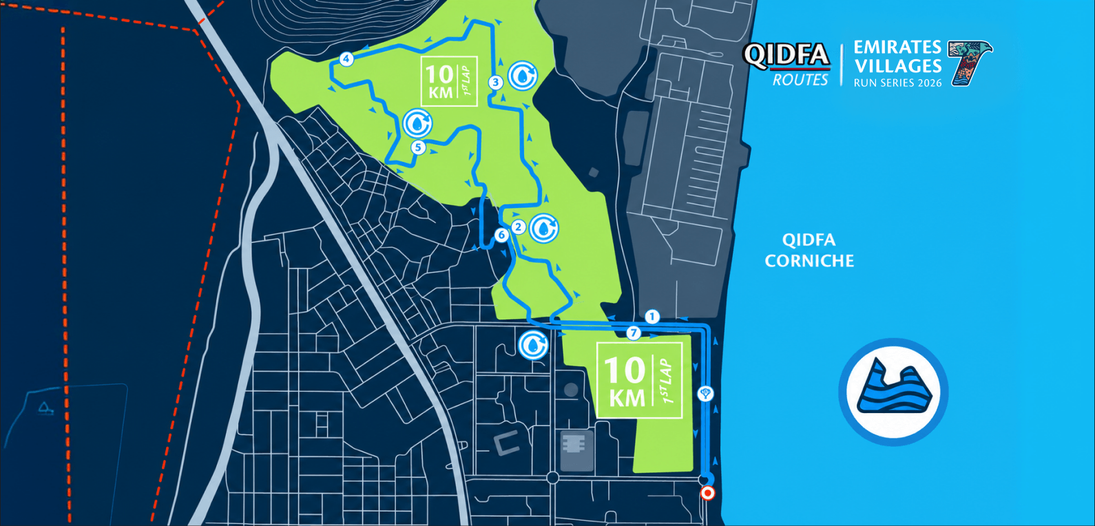 10KM Competitive Run route 1 in Qidfa, showing the start, finish and course markers